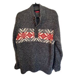 Izod Nordic Henley Ski Chunky Wool L Sweater Grey Red White Preppy Quiet Luxury